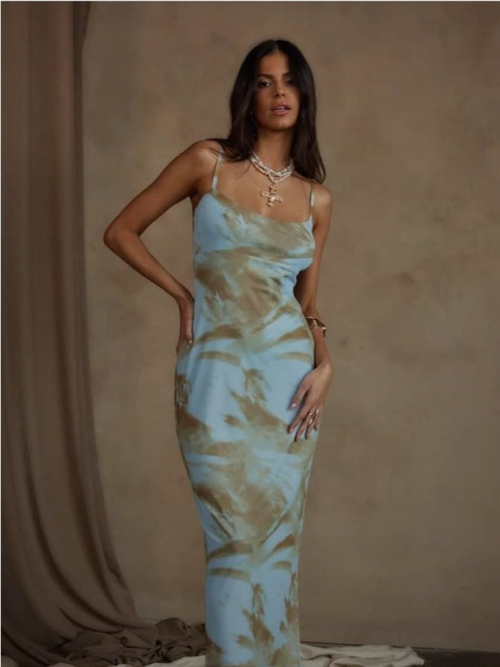 12th Tribe Mesh Slip Maxi Dress in Sky Blue and Tan Tie-Dye